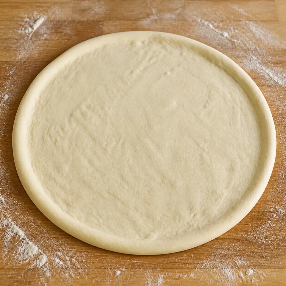 Plain stretched pizza dough on a floured work surface ready for sauce.