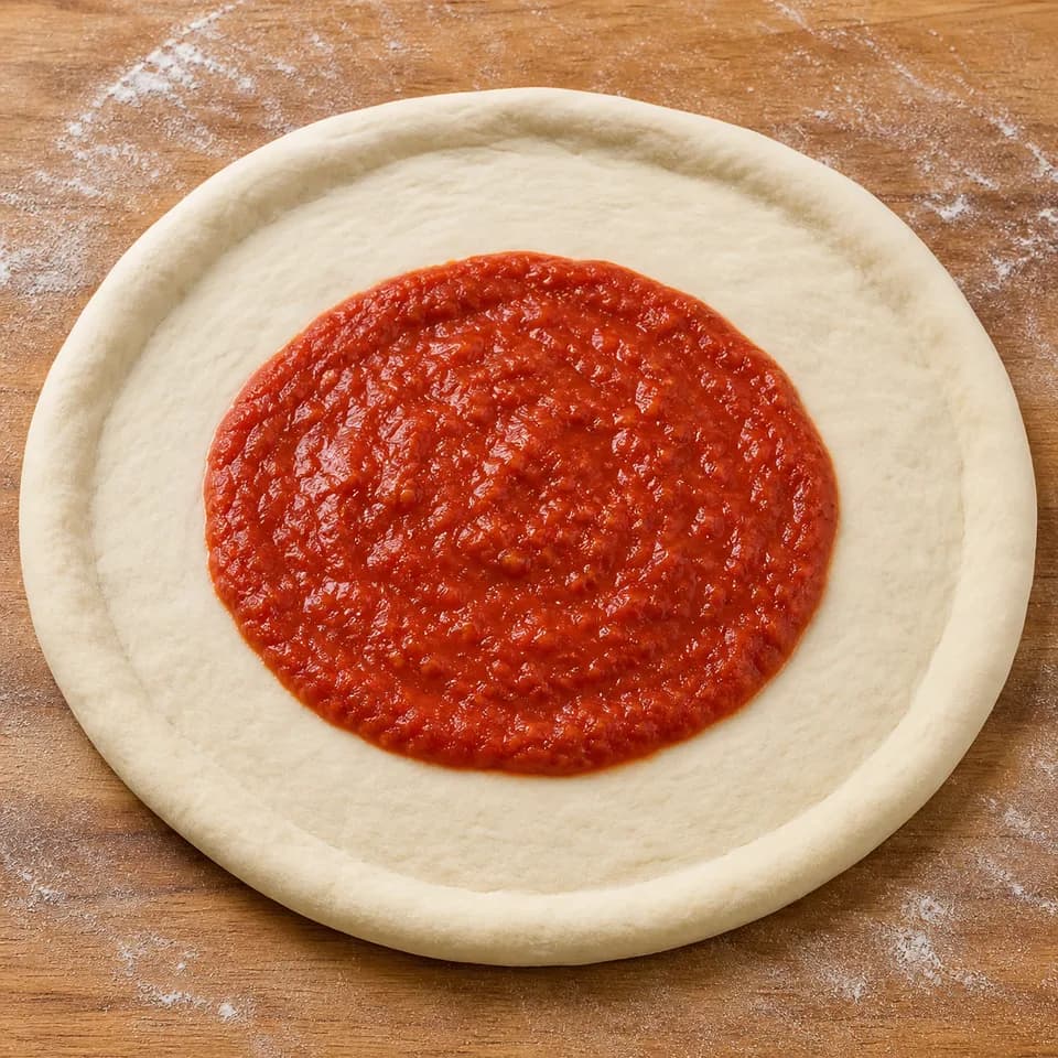 Measured tomato sauce placed in the centre of stretched pizza dough.