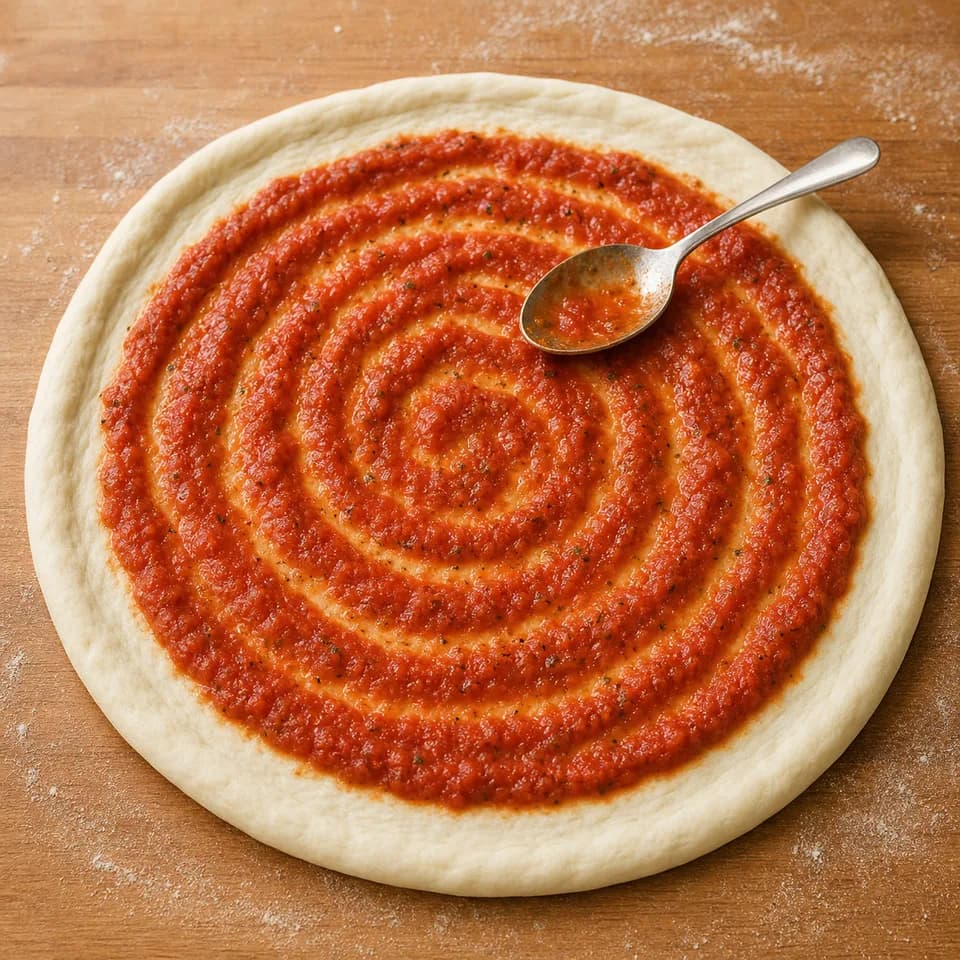 Tomato sauce spread outward in a thin spiral across pizza dough.