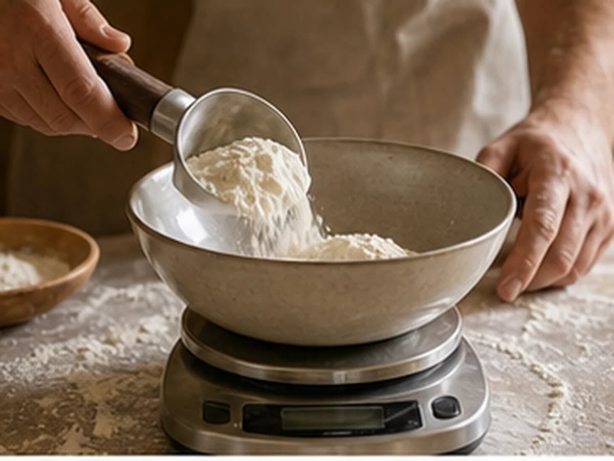Pizza dough ingredients measured on a warm kitchen counter.