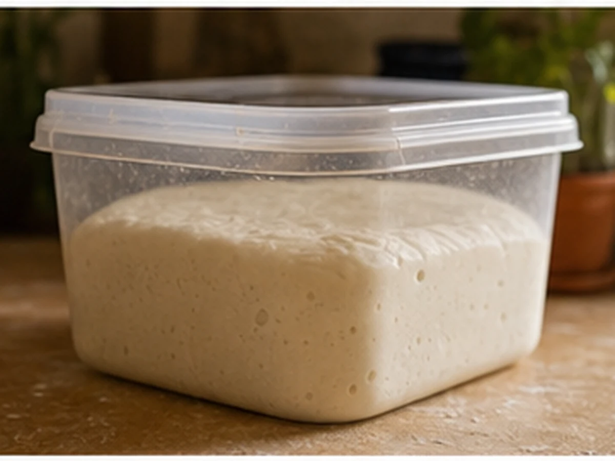 Covered pizza dough fermenting in a container.