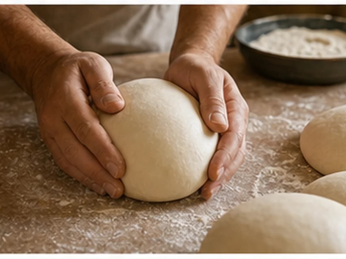 Pizza dough balls prepared in a tray.