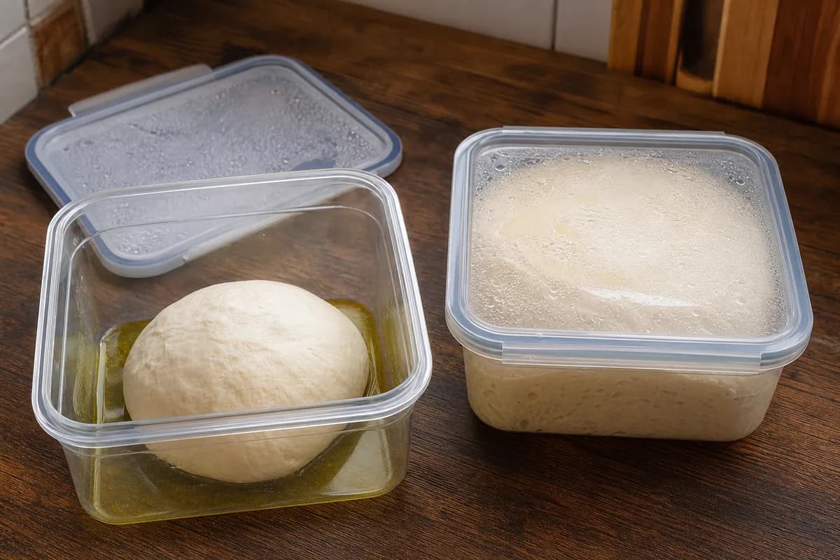 Clear dough containers comparing a covered dough ball with headspace against an overfilled container touching the lid.