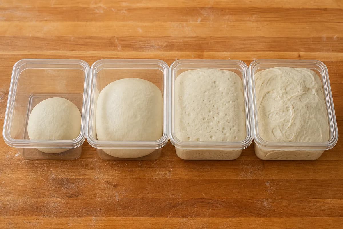 Four covered dough containers showing progressively tighter, ready, bubbly and slack fermentation states.