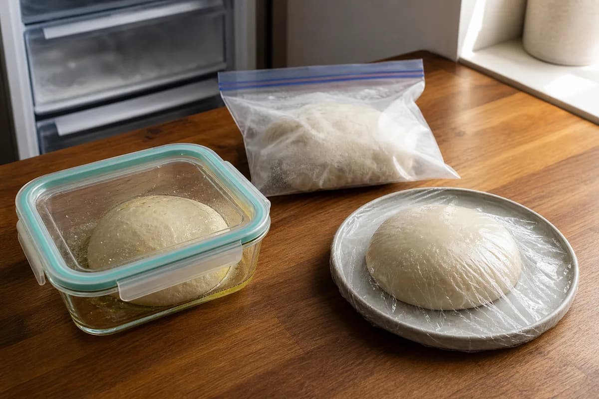 Leftover pizza dough shown covered in refrigerator storage, sealed for freezing and covered while thawing.