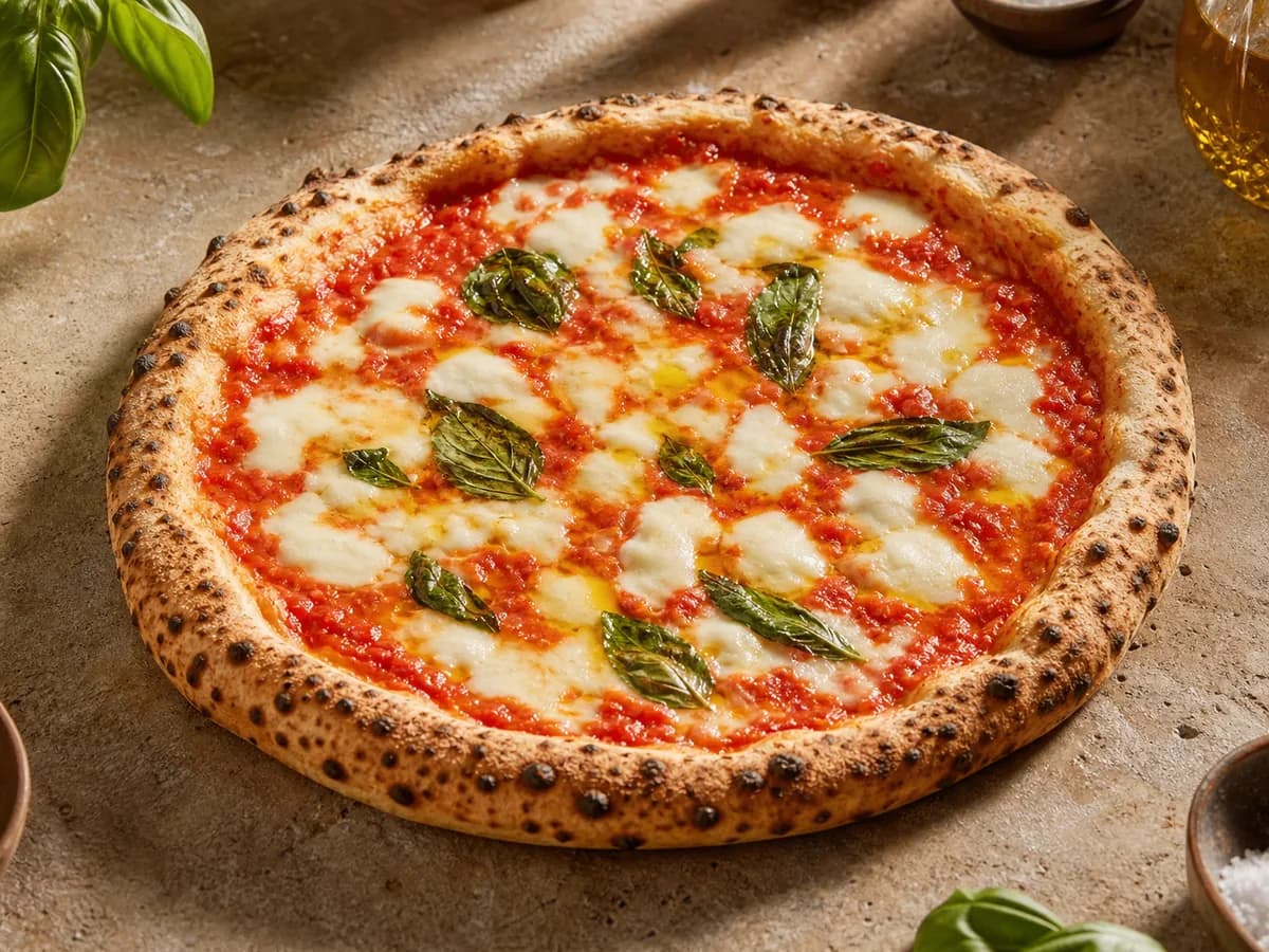 Freshly baked Margherita pizza with tomato, mozzarella and basil.