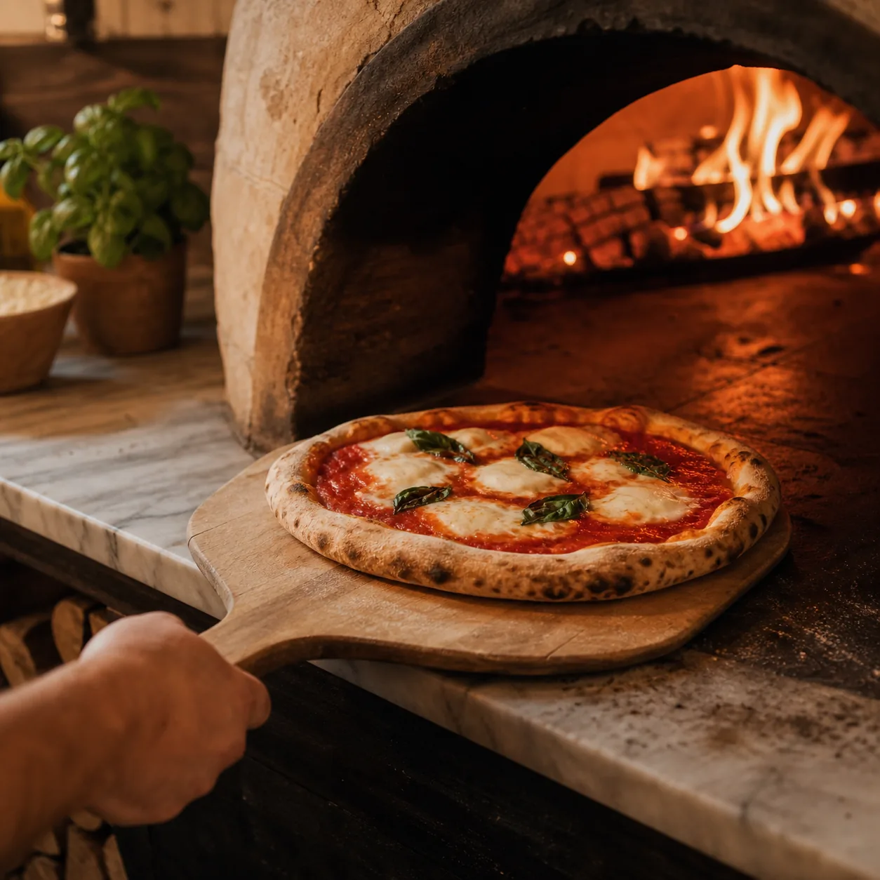 Pizza baking in a hot oven.