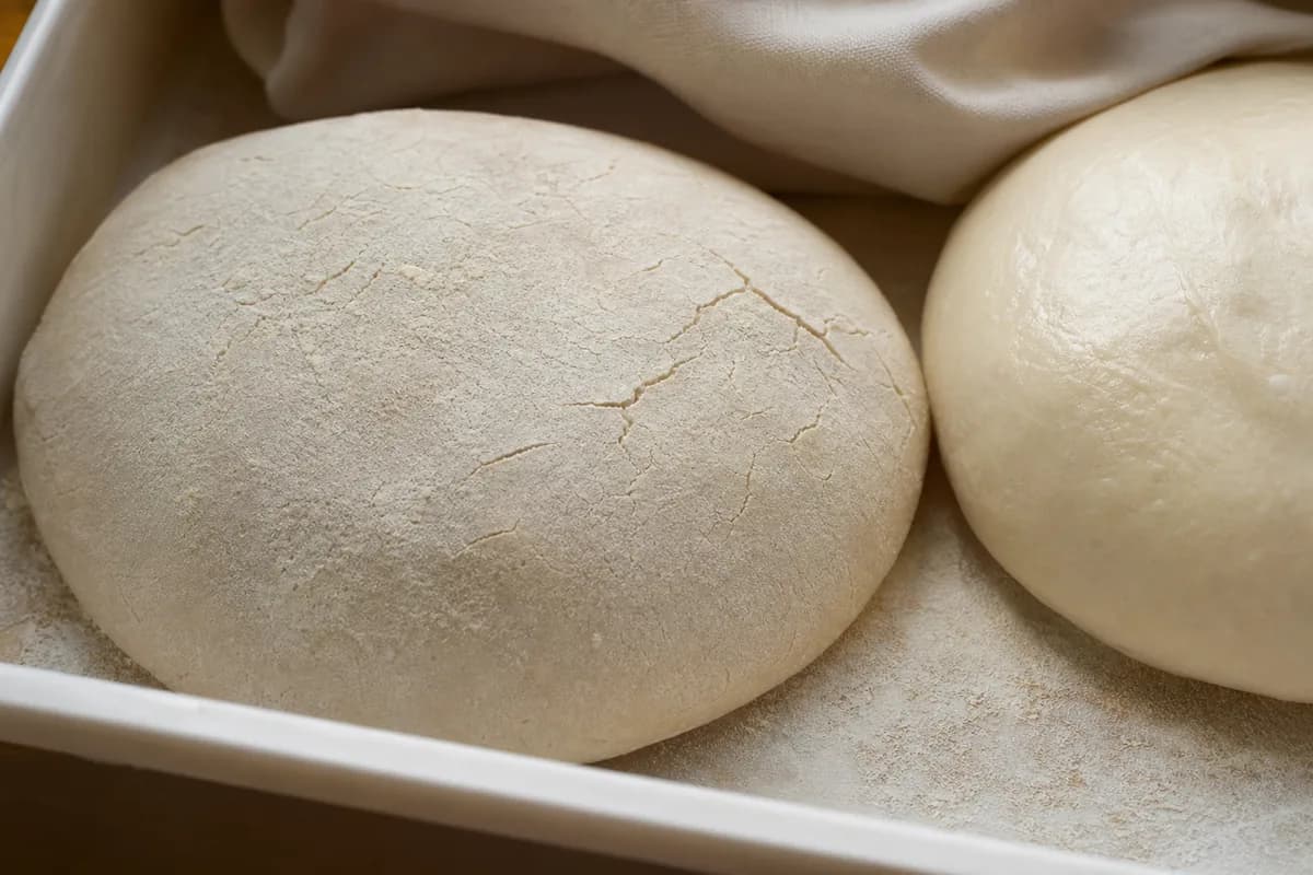 Pizza dough with a dry leathery skin caused by being left uncovered.