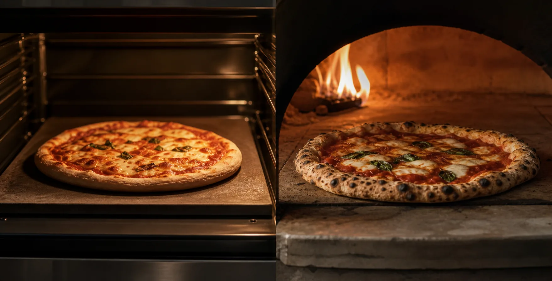 Home oven and high-heat pizza oven shown side by side with pizzas baking on their respective surfaces.