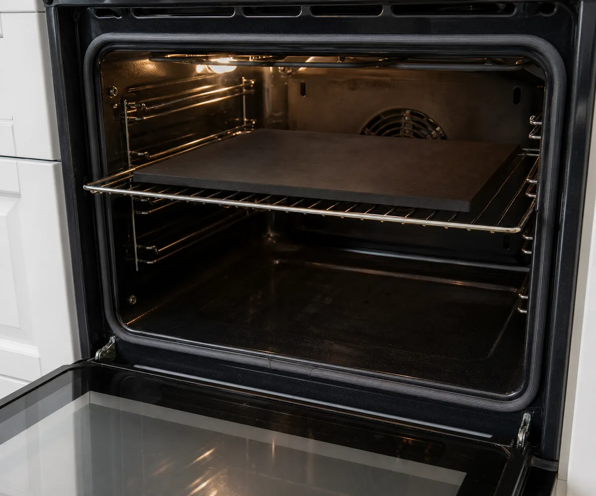 Baking steel positioned on an upper rack inside a home oven.