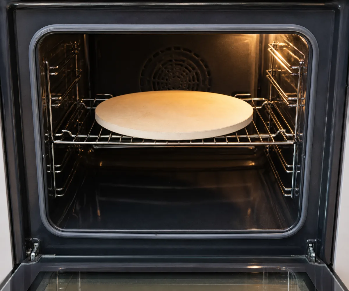 Pizza stone positioned on an upper-middle rack inside a home oven.