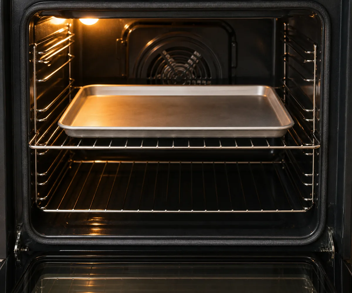 Metal baking tray positioned on an upper rack inside a home oven.