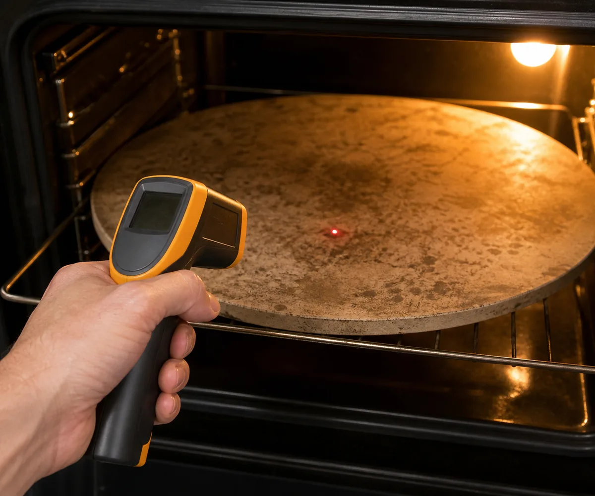 Infrared thermometer aimed at a hot pizza stone inside a home oven.