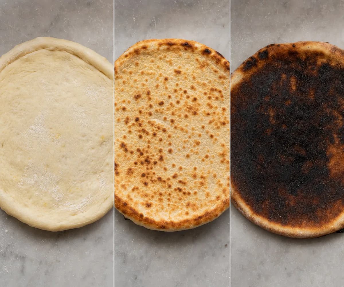 Comparison of pale, properly baked and burnt pizza bases viewed from underneath.