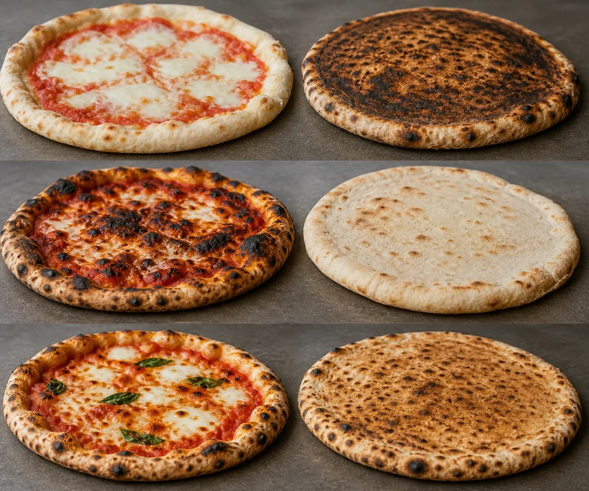 Comparison of uneven and balanced pizza baking with top and base doneness shown separately.