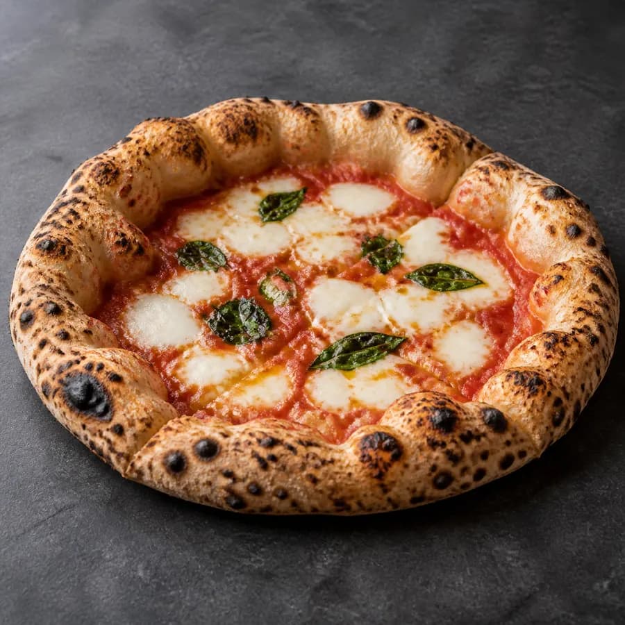 Contemporary Neapolitan-style pizza with a tall airy cornicione and restrained toppings.