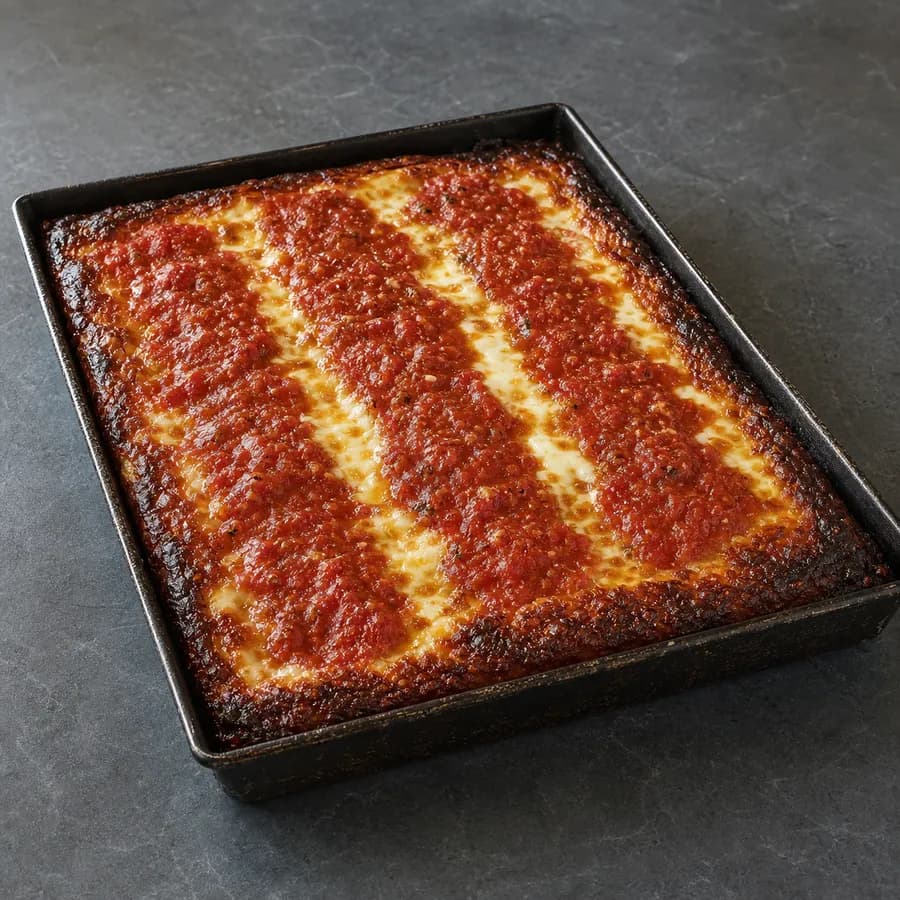 Detroit-style rectangular pan pizza with sauce stripes and cheese baked to the edges.