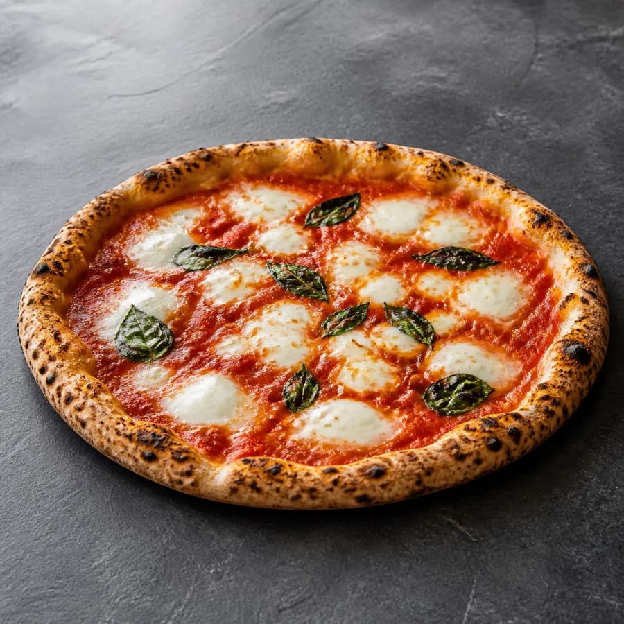 Neapolitan pizza with a raised spotted cornicione, soft center, tomato, mozzarella and basil.