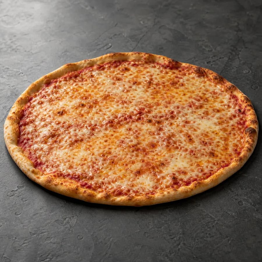 Large round New York-style cheese pizza with a thin foldable slice structure and low rim.