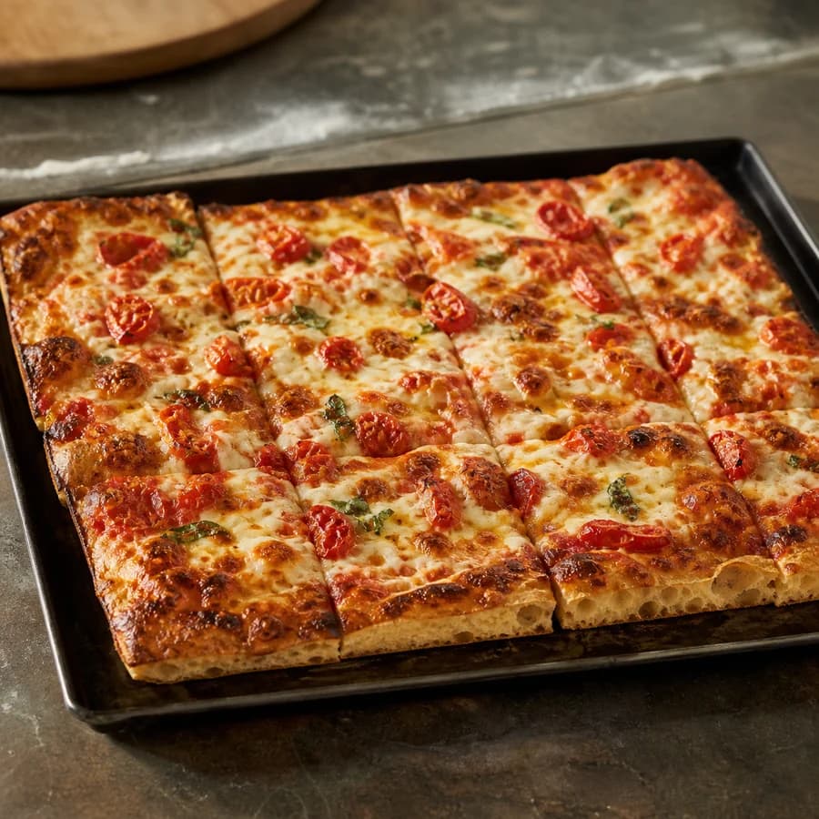 Roman al Taglio rectangular tray pizza cut into portions with an airy interior and crisp sheet-pan base.
