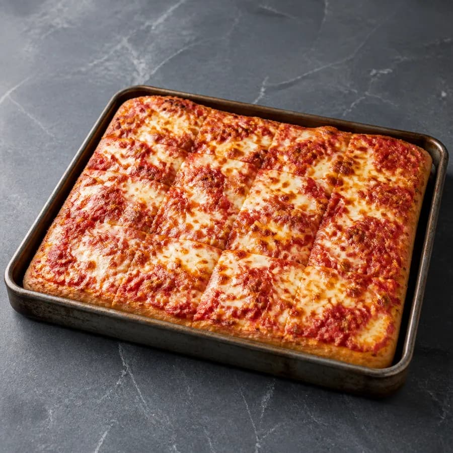 Italian-American Sicilian-style rectangular pan pizza with a thick bread-like base and cheese-tomato top.