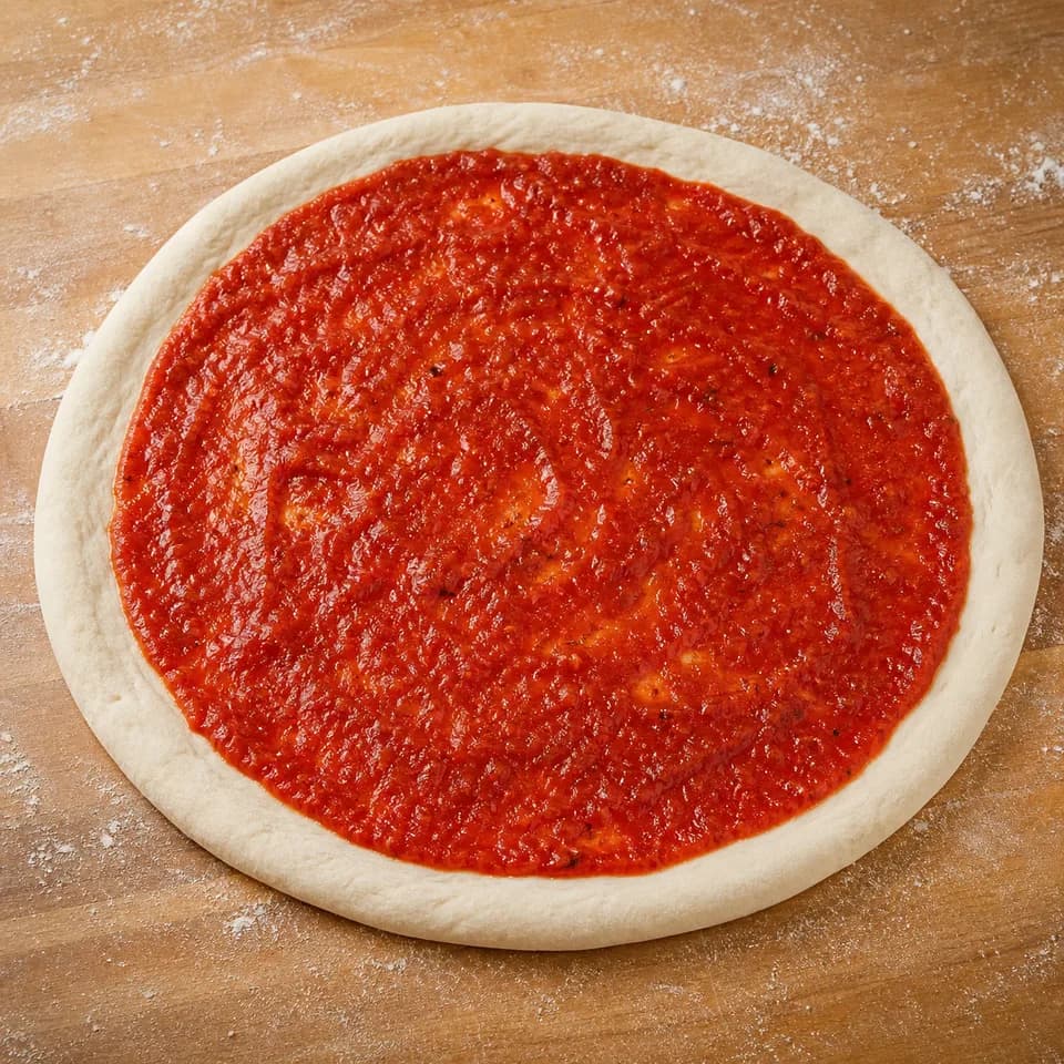 Pizza dough with an even tomato sauce layer and a clean uncovered crust border