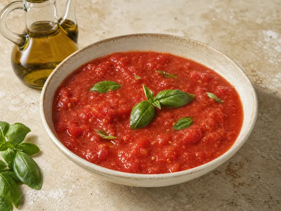 Bowl of lightly crushed tomato sauce with basil and olive oil