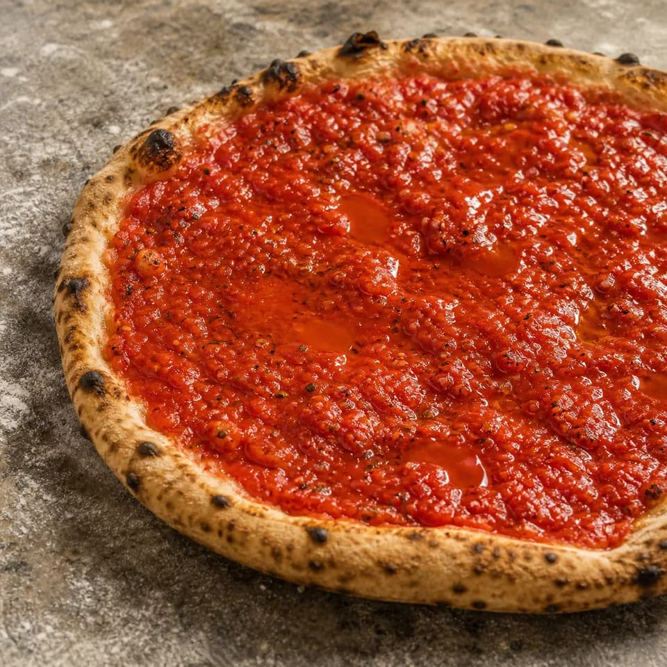 Pizza base with an overly thick tomato sauce layer and visible wet areas